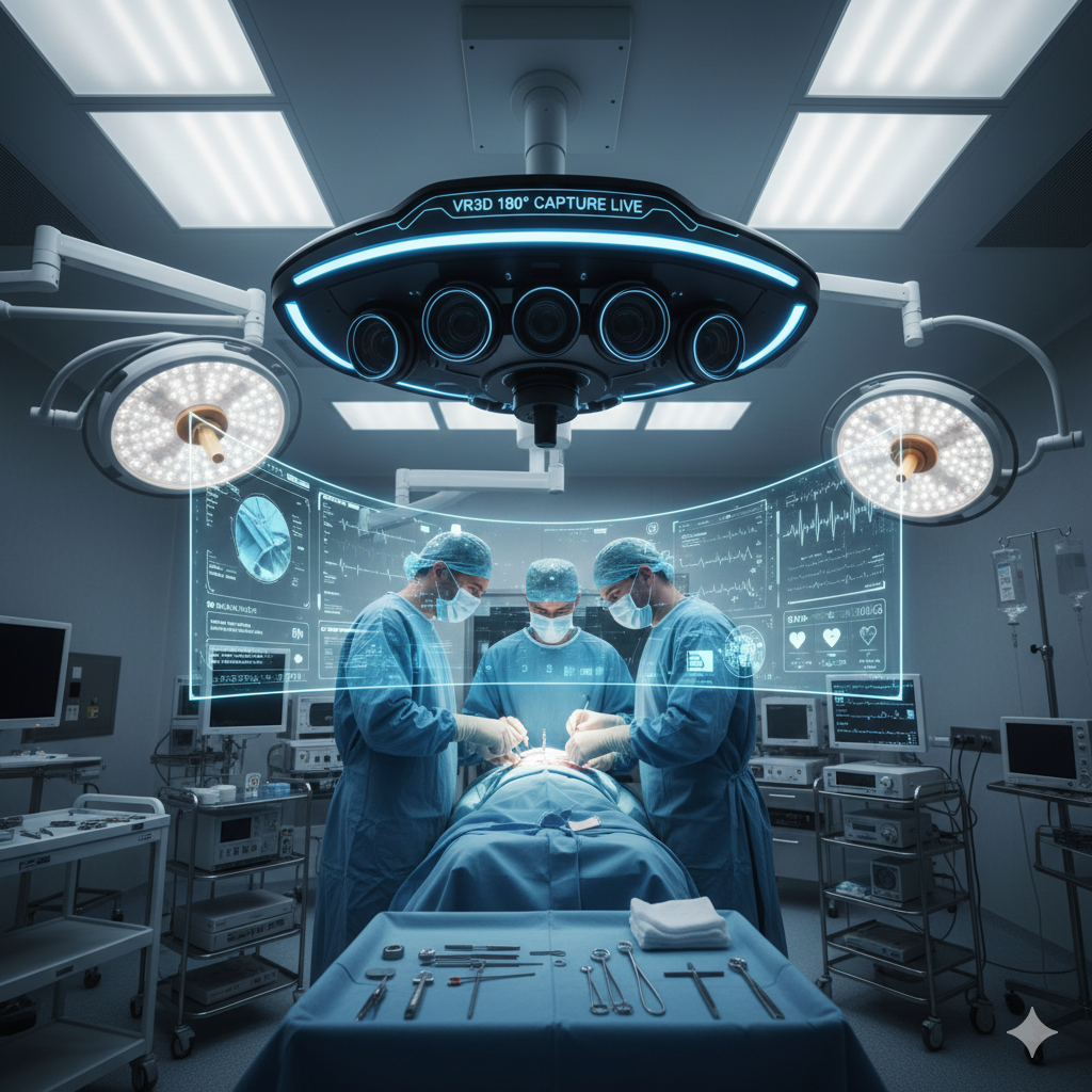 Captation vidéo Live 180 VR 3D d'une intervention chirurgicale en bloc opératoire moderne pour la formation médicale à distance.